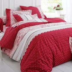 Fantasie Bedlinnen|Vlak Laken<Colombine Bedlinnen Gabrielle in flanel met bloemenprint en kant rood