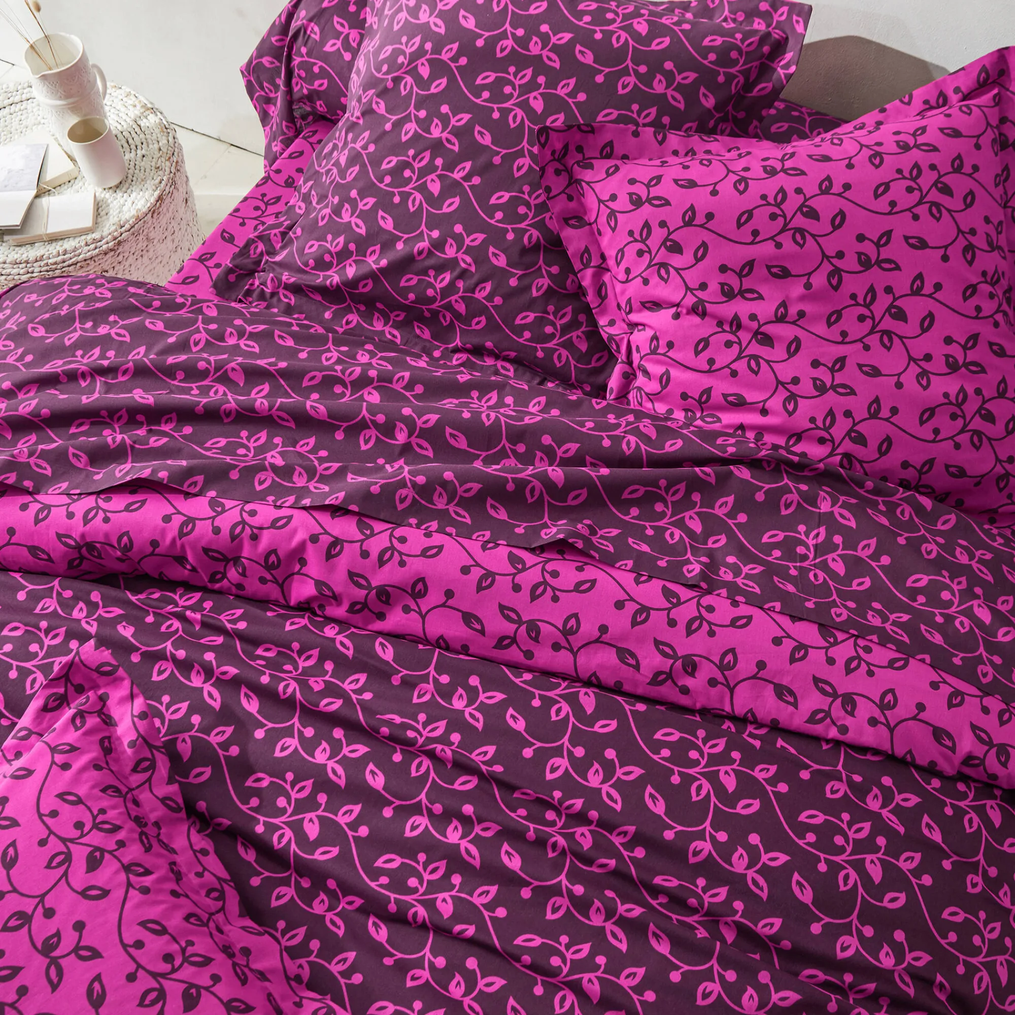 Fantasie Bedlinnen|Vlak Laken<Blancheporte Bedlinnen Héritage in flanel met krulmotieven<br> fuchsia / pruim
