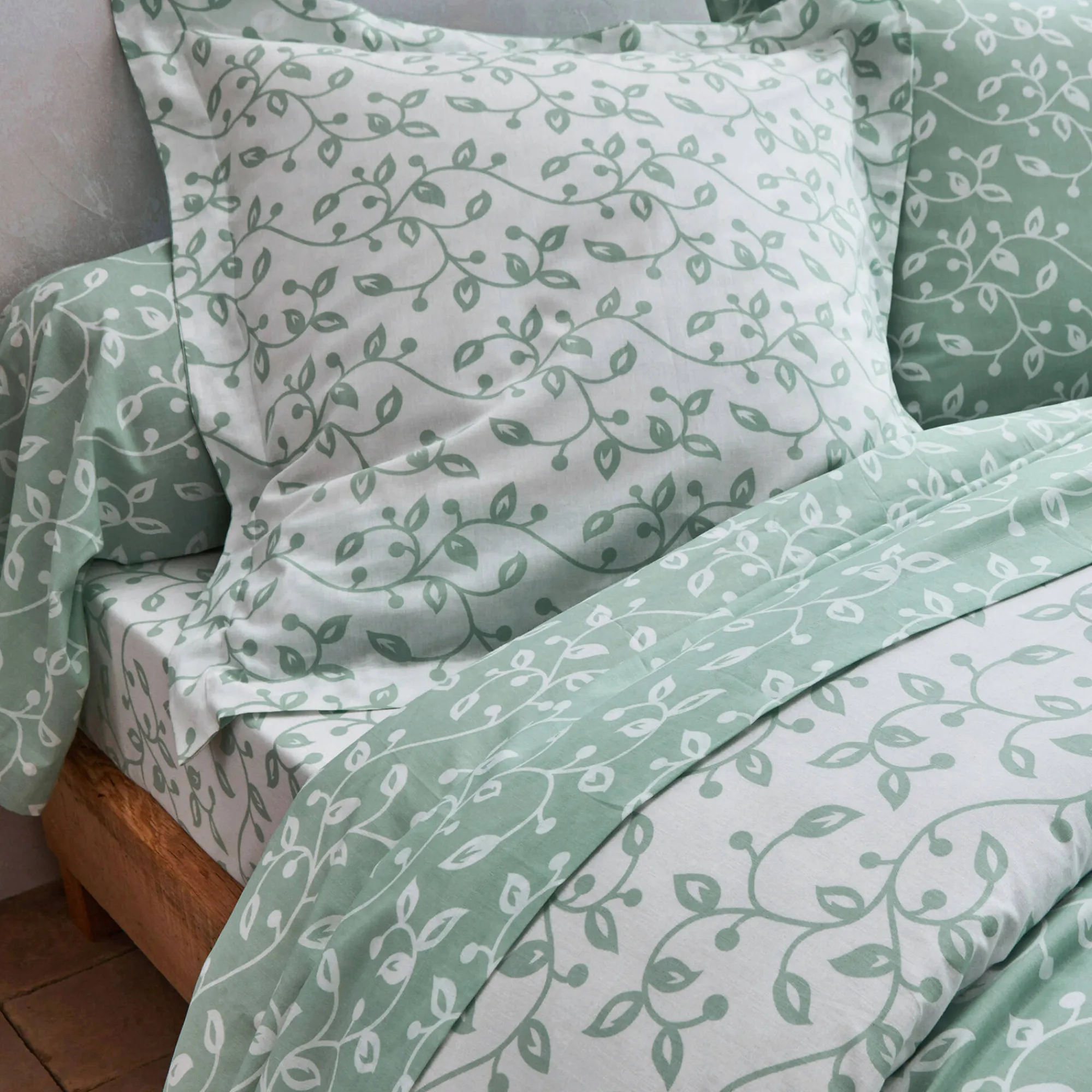 Fantasie Bedlinnen|Vlak Laken<Blancheporte Bedlinnen Héritage in katoen met krulmotieven groen / wit