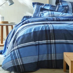 Fantasie Bedlinnen|Vlak Laken<Colombine Bedlinnen in flanel Scott, ingeweven motieven blauw