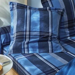 Fantasie Bedlinnen|Vlak Laken<Colombine Bedlinnen in flanel Scott, ingeweven motieven blauw