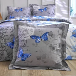 Fantasie Bedlinnen|Vlak Laken<Colombine Bedlinnen in katoen Célestine met bloem- en vlindermotieven blauw / grijs