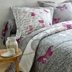 Fantasie Bedlinnen|Vlak Laken<Colombine Bedlinnen in katoen Célestine met bloem- en vlindermotieven grijs / parma