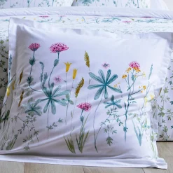 Fantasie Bedlinnen|Vlak Laken<Colombine Bedlinnen Julie in katoen met plantenprint wit / roze