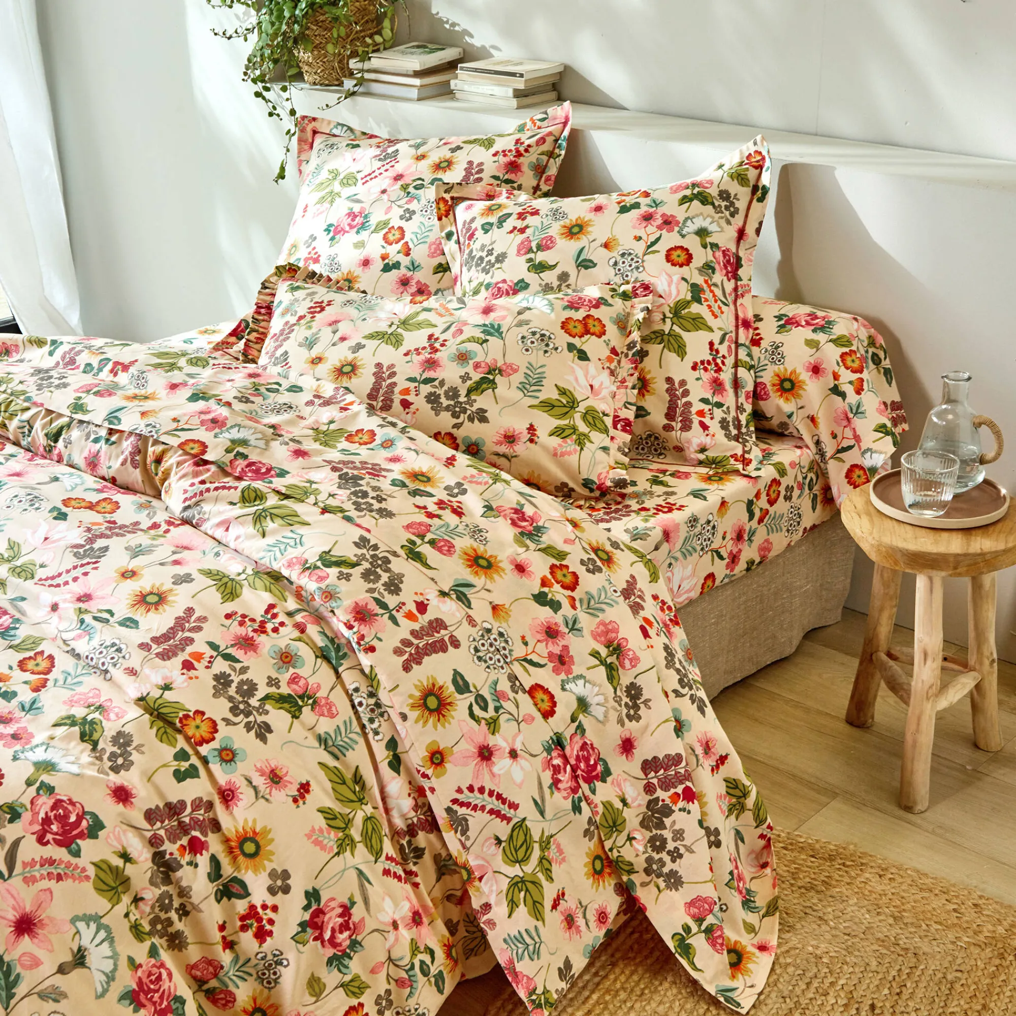 Fantasie Bedlinnen|Vlak Laken<Blancheporte Bedlinnen Kelly in katoen met bloemenprint beige