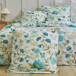 Fantasie Bedlinnen|Vlak Laken<Colombine Bedlinnen Lola met bloemenprint - in katoen blauw / wit