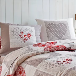 Fantasie Bedlinnen|Vlak Laken<Blancheporte Bedlinnen Lovely in flanel met hartjesprint taupe / rood