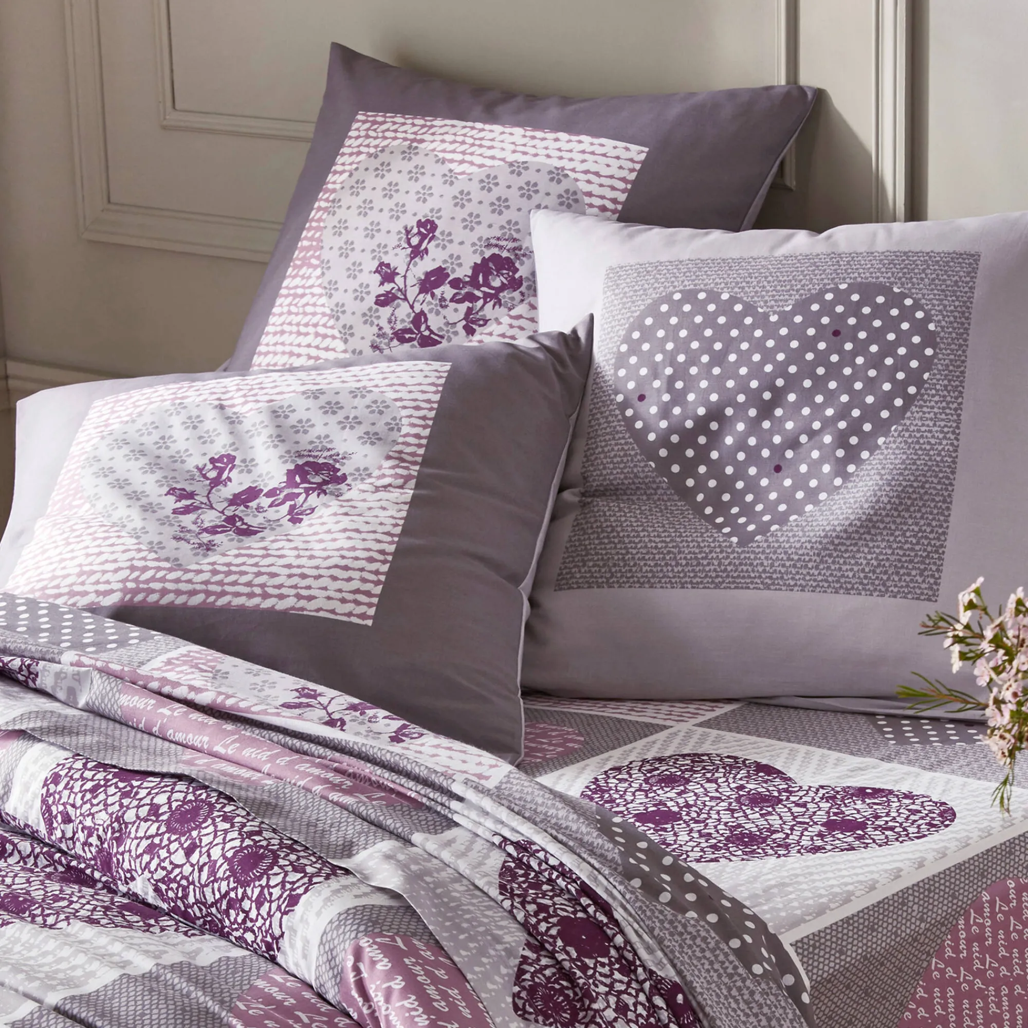 Fantasie Bedlinnen|Vlak Laken<Blancheporte Bedlinnen Lovely in flanel met hartjesprint grijs / parma