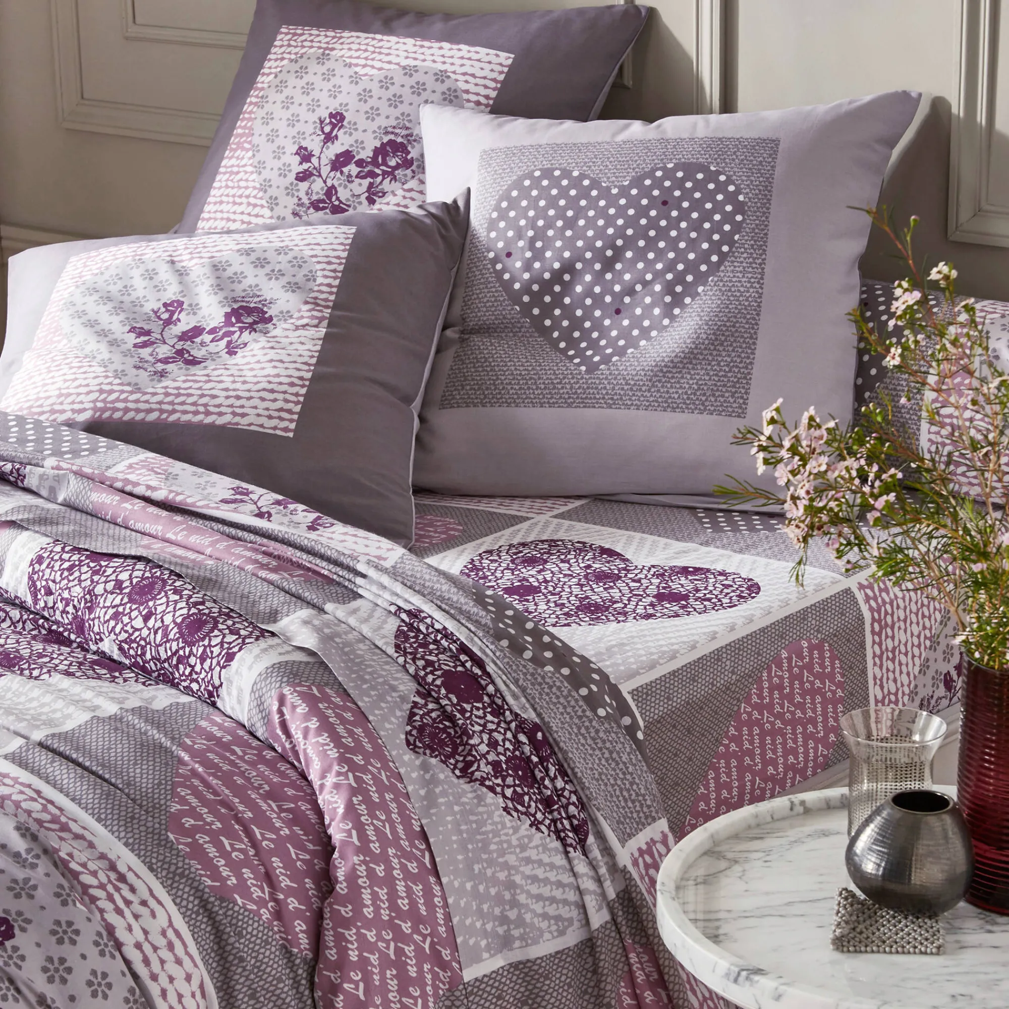 Fantasie Bedlinnen|Vlak Laken<Blancheporte Bedlinnen Lovely in flanel met hartjesprint grijs / parma