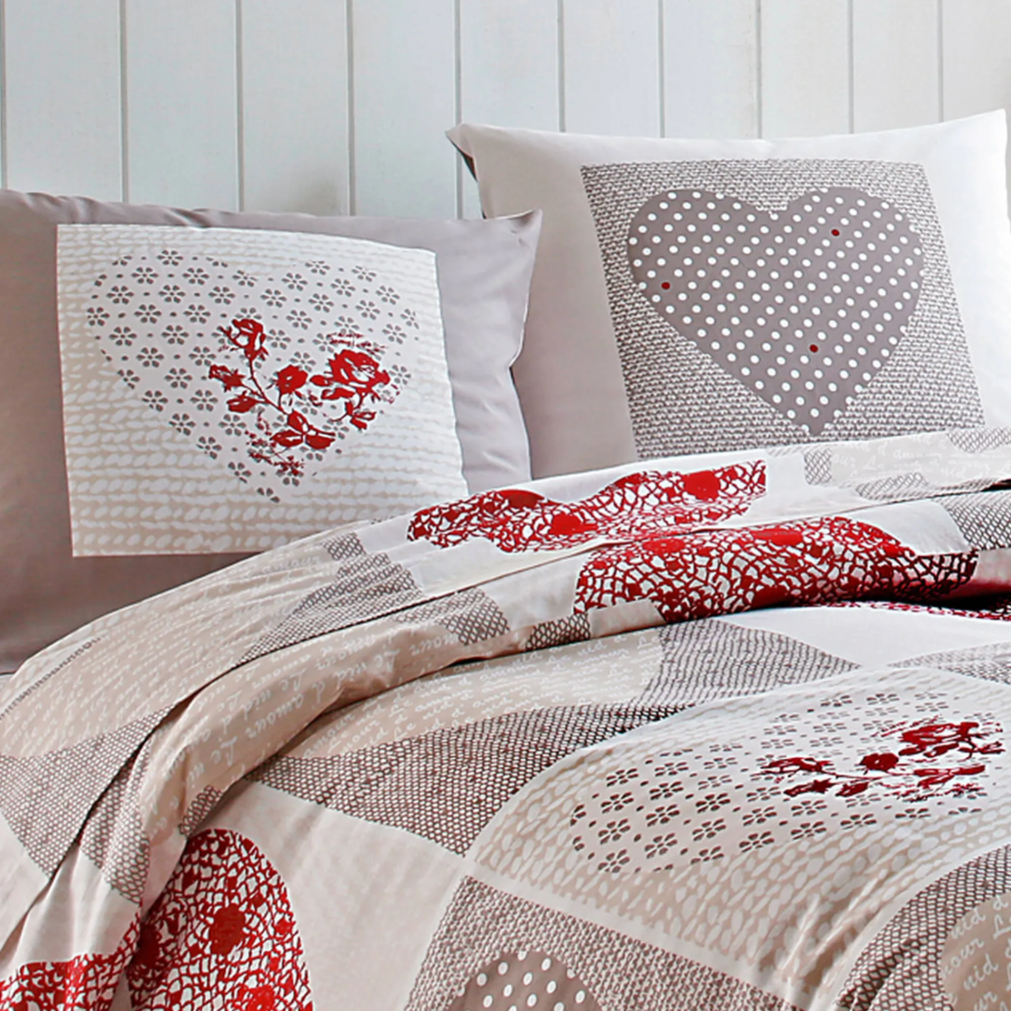 Fantasie Bedlinnen|Vlak Laken<Blancheporte Bedlinnen Lovely in katoen met hartjesprint taupe / rood