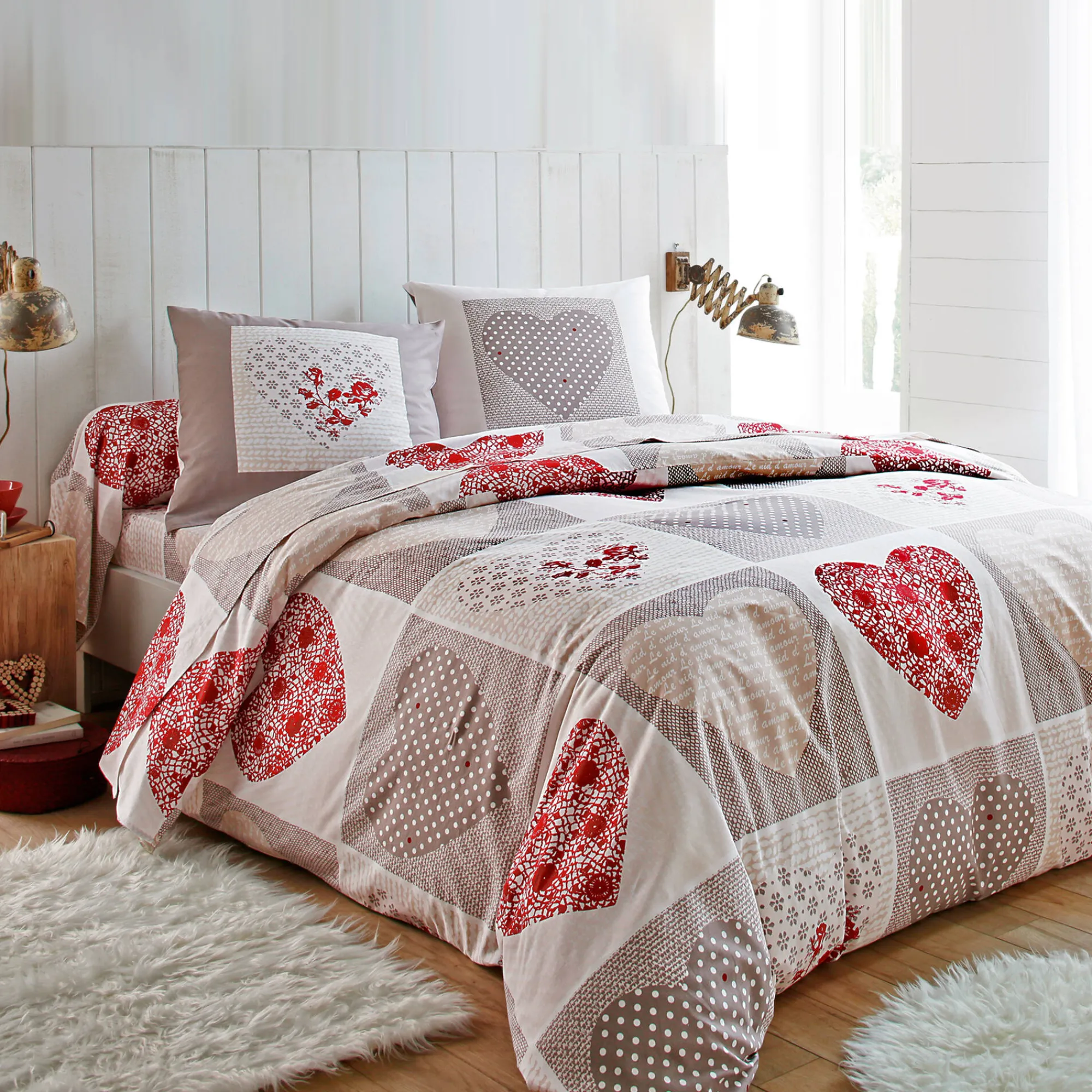 Fantasie Bedlinnen|Vlak Laken<Blancheporte Bedlinnen Lovely in katoen met hartjesprint taupe / rood