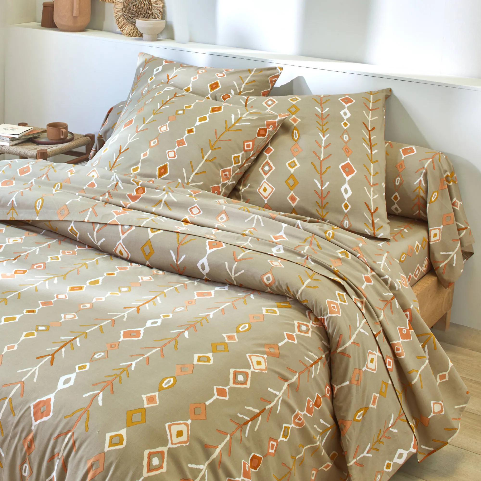 Fantasie Bedlinnen|Vlak Laken<Blancheporte Bedlinnen Mahe in katoen met etnische print beige