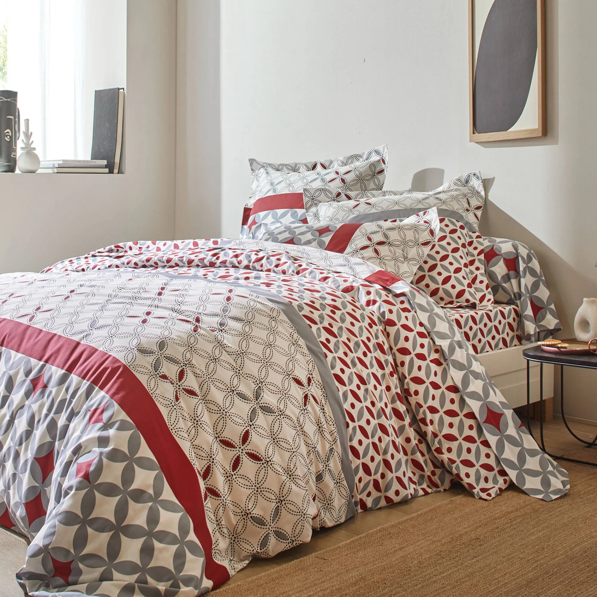 Fantasie Bedlinnen|Vlak Laken<Colombine Bedlinnen Marlow, katoen met geometrische motieven grijs / rood