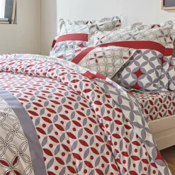 Fantasie Bedlinnen|Vlak Laken<Colombine Bedlinnen Marlow, katoen met geometrische motieven grijs / rood