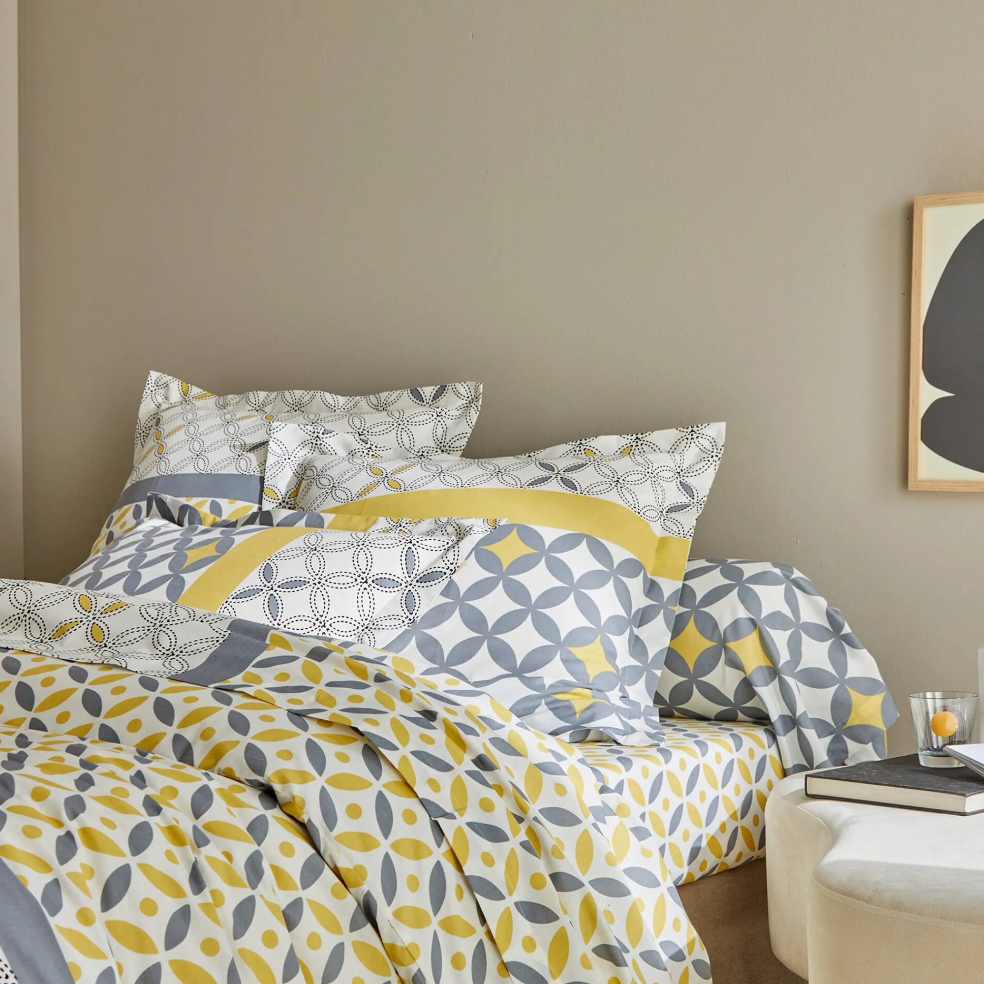 Fantasie Bedlinnen|Vlak Laken<Colombine Bedlinnen Marlox in katoen met geometrische motieven grijs / geel