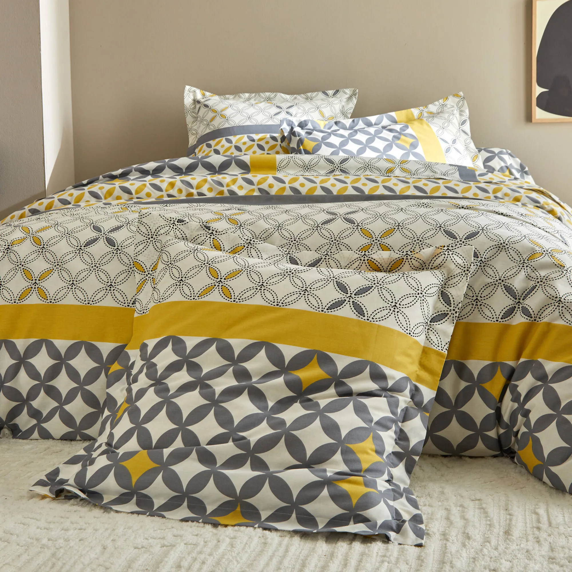 Fantasie Bedlinnen|Vlak Laken<Colombine Bedlinnen Marlox in katoen met geometrische motieven grijs / geel