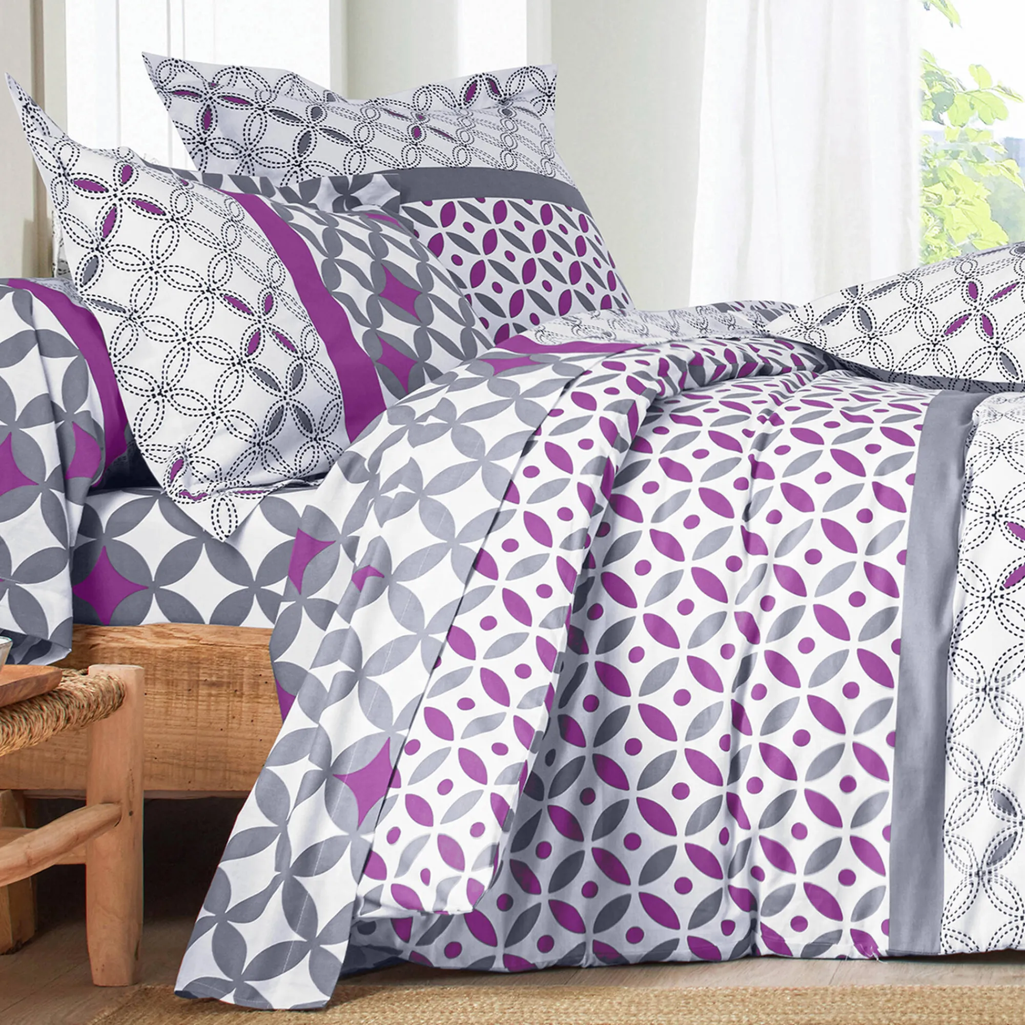 Fantasie Bedlinnen|Vlak Laken<Colombine Bedlinnen Marlox in katoen met geometrische motieven grijs / paars