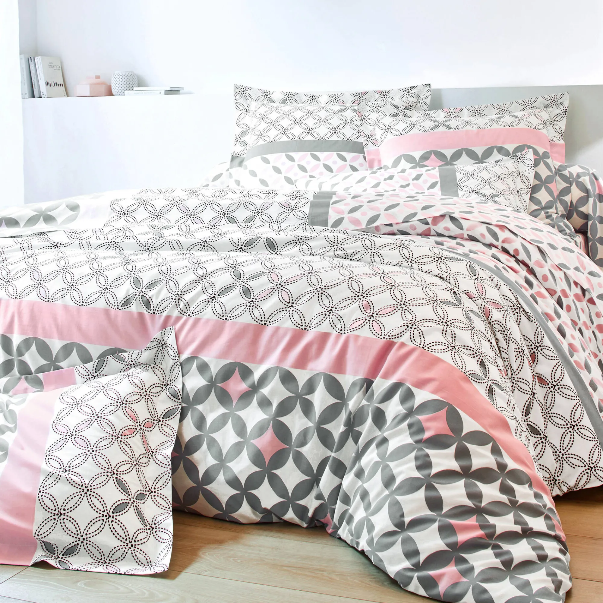 Fantasie Bedlinnen|Vlak Laken<Colombine Bedlinnen Marlox in katoen met geometrische motieven grijs / roze