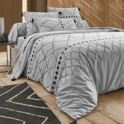 Fantasie Bedlinnen|Vlak Laken<Blancheporte Bedlinnen Massai, in katoen met grafische motieven, afgewerkt met pompons grijs