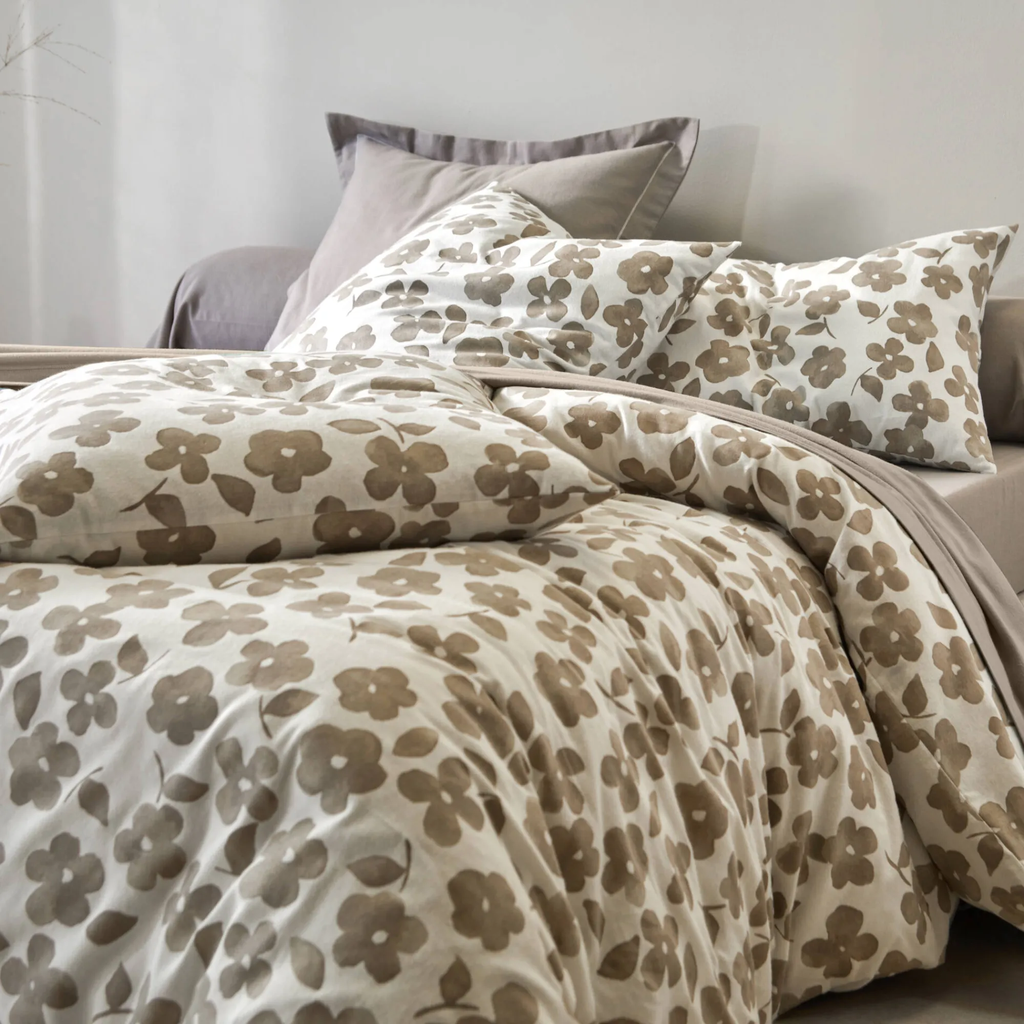 Fantasie Bedlinnen|Vlak Laken<Blancheporte Bedlinnen Petunia in bedrukt flanel grijsbeige