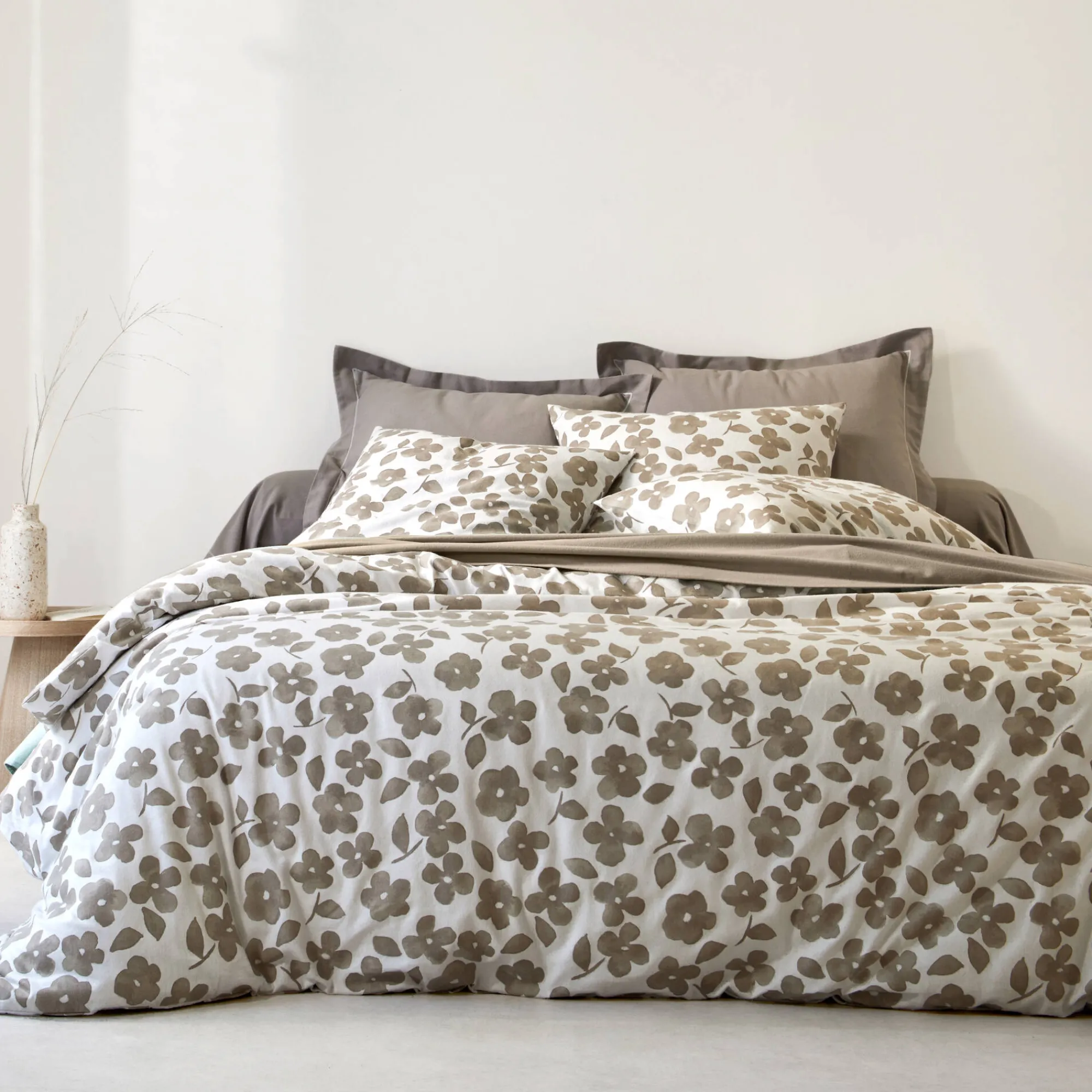 Fantasie Bedlinnen|Vlak Laken<Blancheporte Bedlinnen Petunia in bedrukt flanel grijsbeige