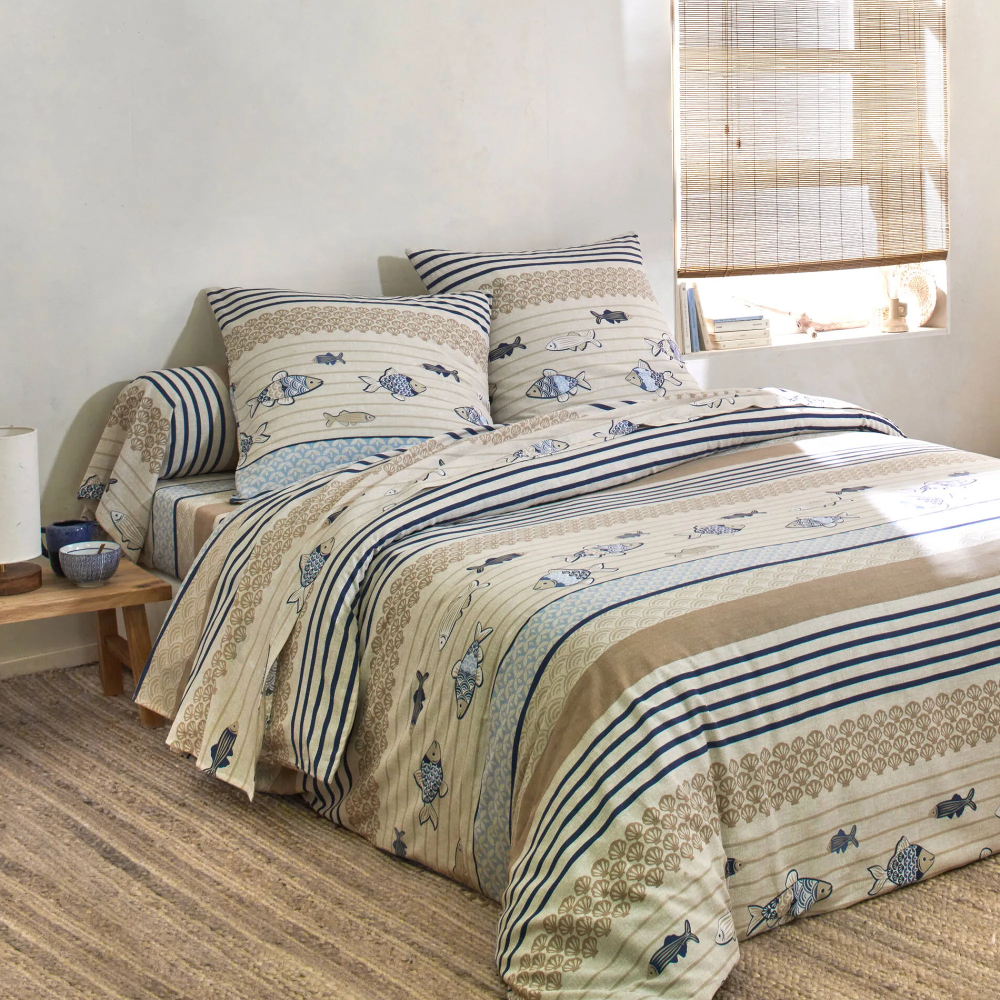 Fantasie Bedlinnen|Vlak Laken<Blancheporte Bedlinnen Riviera in katoen met vissenprint blauw