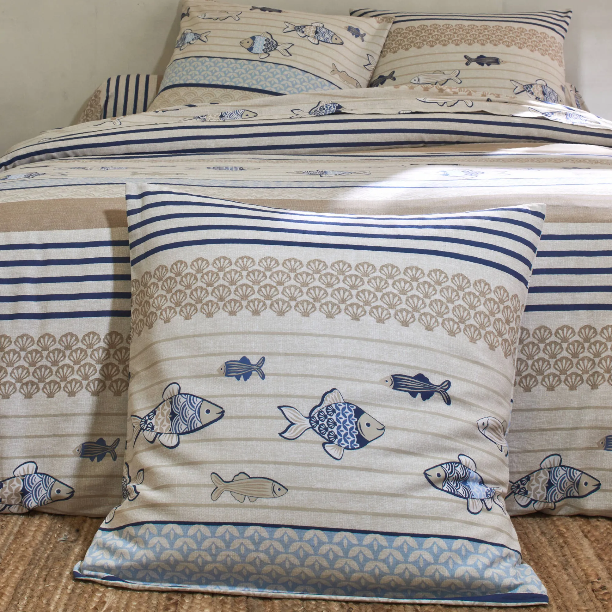 Fantasie Bedlinnen|Vlak Laken<Blancheporte Bedlinnen Riviera in katoen met vissenprint blauw