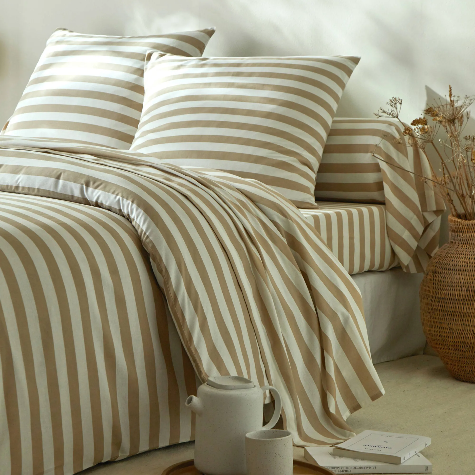 Fantasie Bedlinnen|Vlak Laken<Blancheporte Bedlinnen Romy, gestreept - in katoen beige