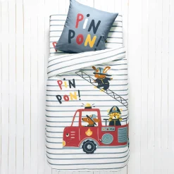 Bedlinnenset Kids|Bedlinnenset Kids<Colombine des petits Bedlinnen voor kinderen met brandweermotieven, in katoen hemelsblauw