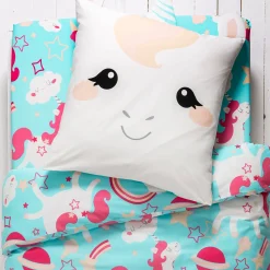 Bedlinnenset Kids|Bedlinnenset Kids<Colombine des petits Bedlinnen voor kinderen met Eenhoornmotief in biologisch katoen, eco-verantwoord blauw