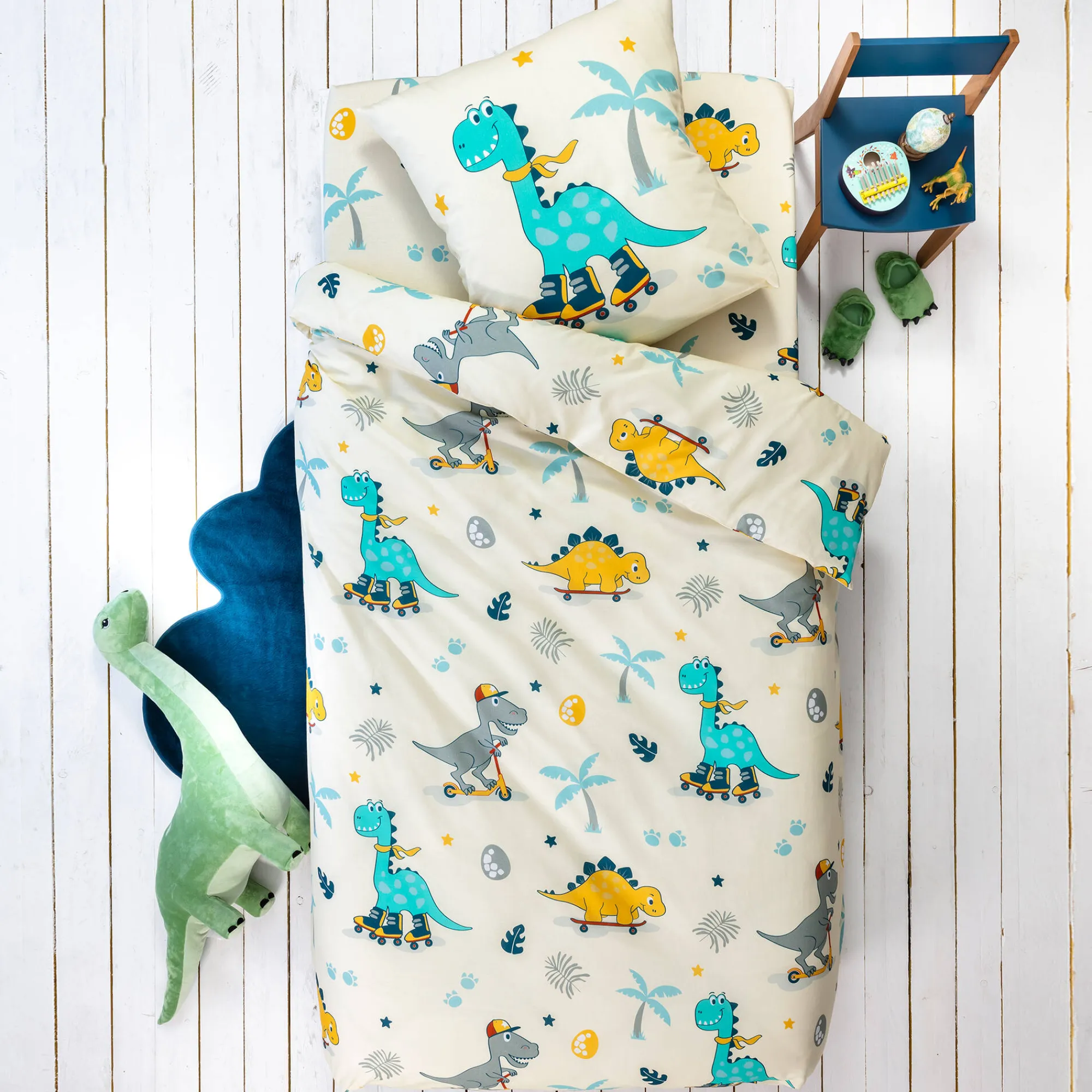 Bedlinnenset Kids|Bedlinnenset Kids<Colombine des petits Bedlinnen voor kinderen met skatemotieven, Dinoroul, 1 persoon - katoen wit