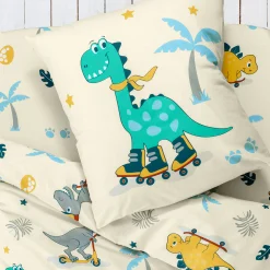 Bedlinnenset Kids|Bedlinnenset Kids<Colombine des petits Bedlinnen voor kinderen met skatemotieven, Dinoroul, 1 persoon - katoen wit