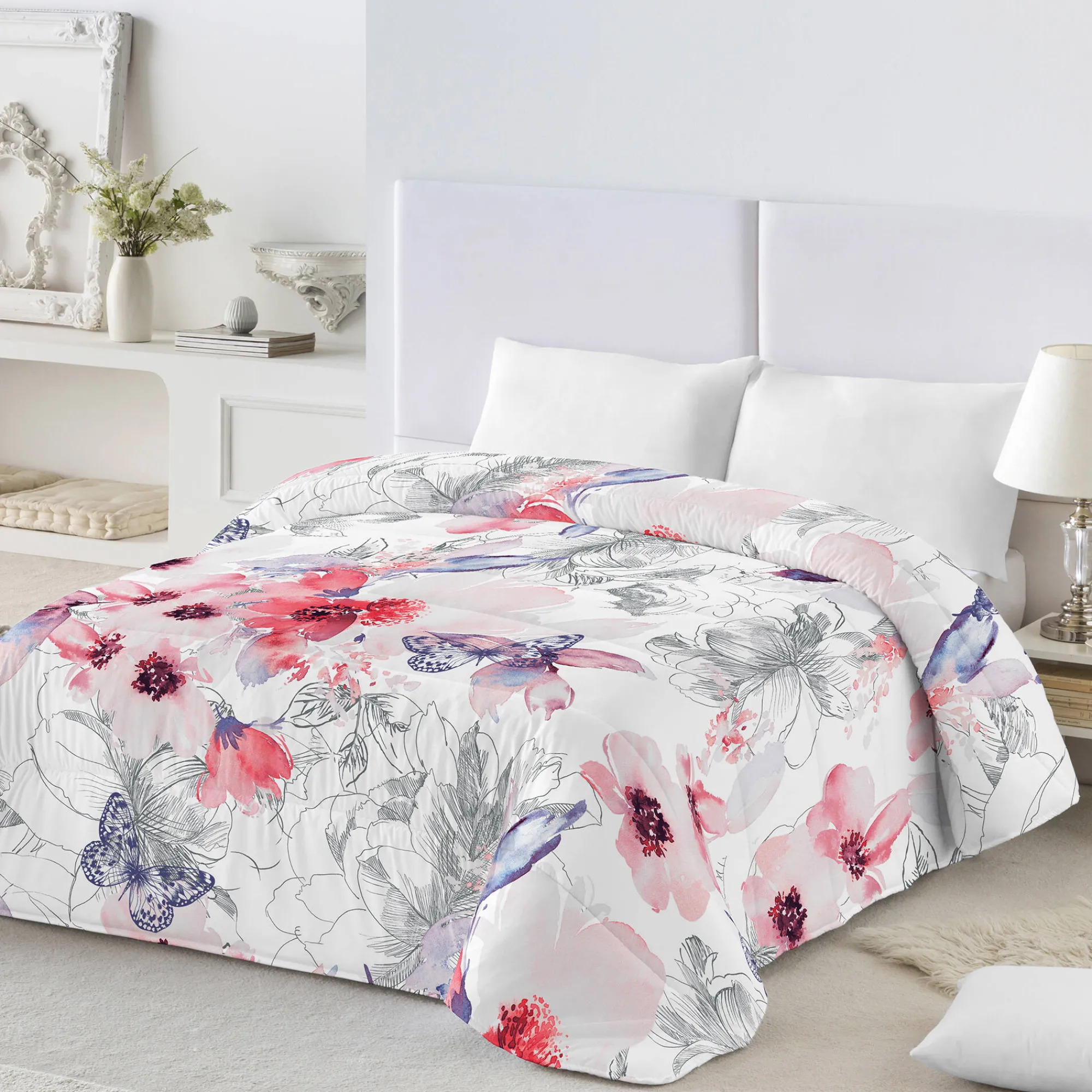 Dekbed<Blancheporte Bedrukt dekbed in katoen Fleurs 400g/m2 rood / grijs