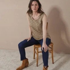T-Shirt En Topje<Blancheporte Bedrukt topje met brede bandjes beige / zwart