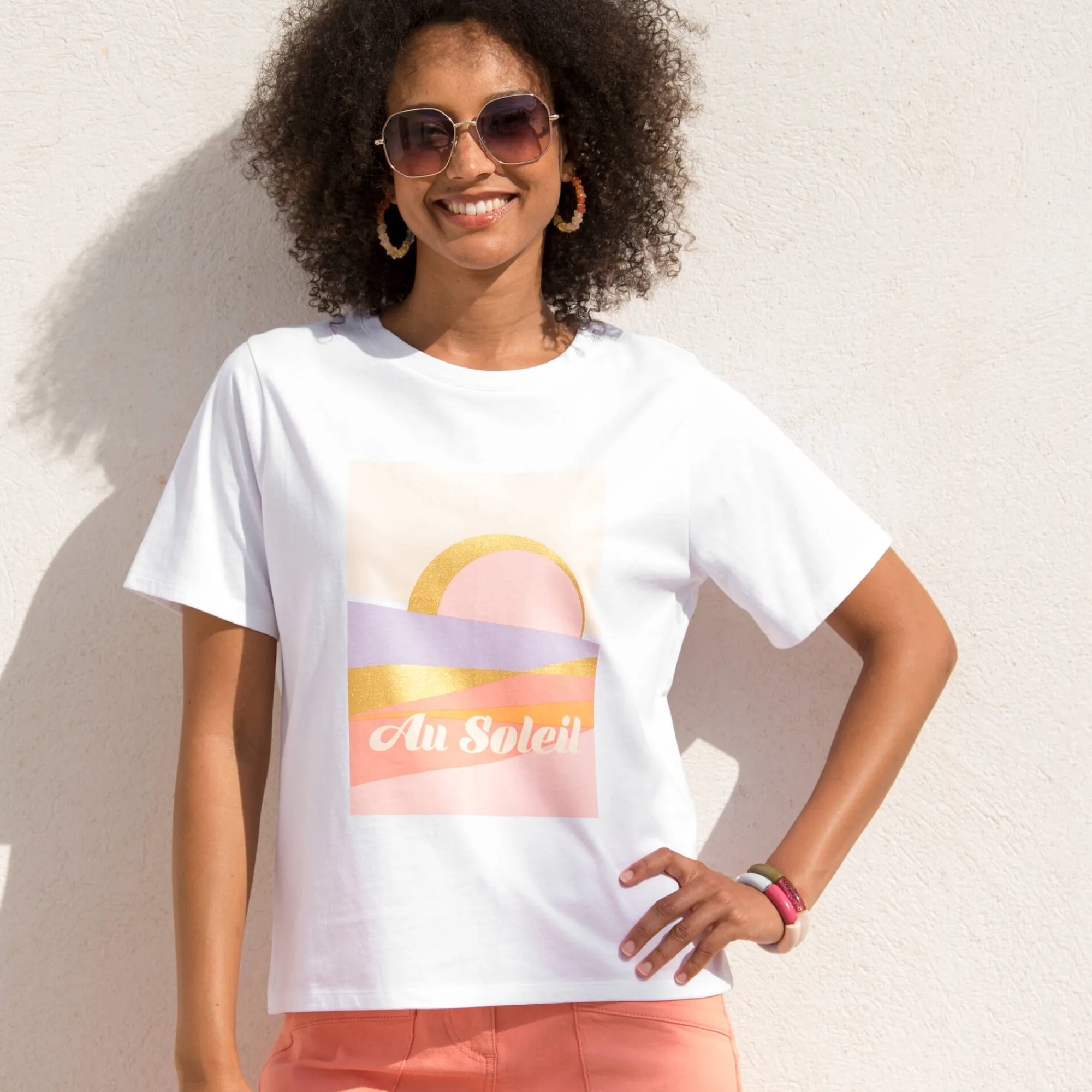 T-Shirt En Topje<Blancheporte Bedrukt T-shirt, loose volume wit / perzik