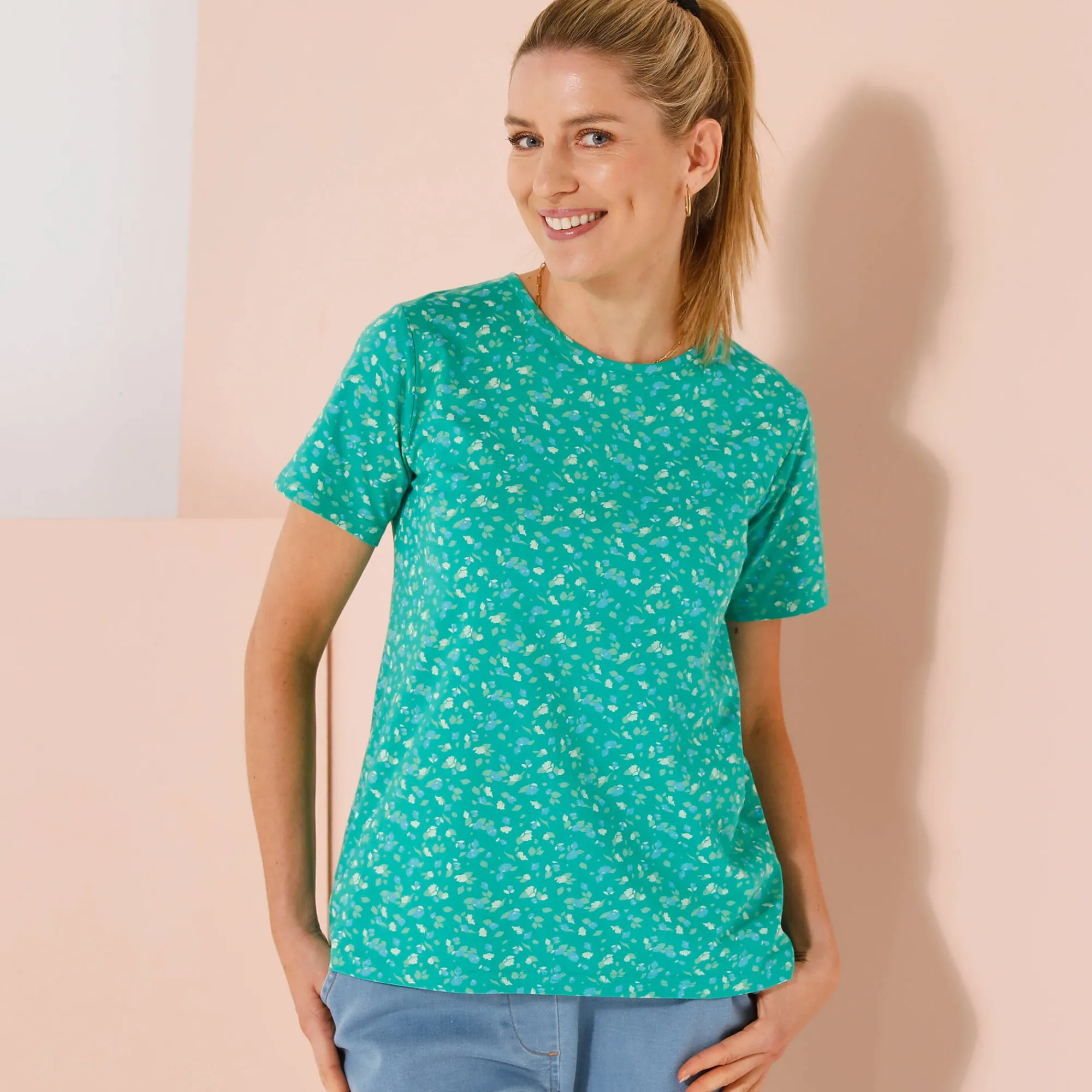 T-Shirt En Topje<Blancheporte Bedrukt T-shirt met korte mouwen muntgroen / ecru