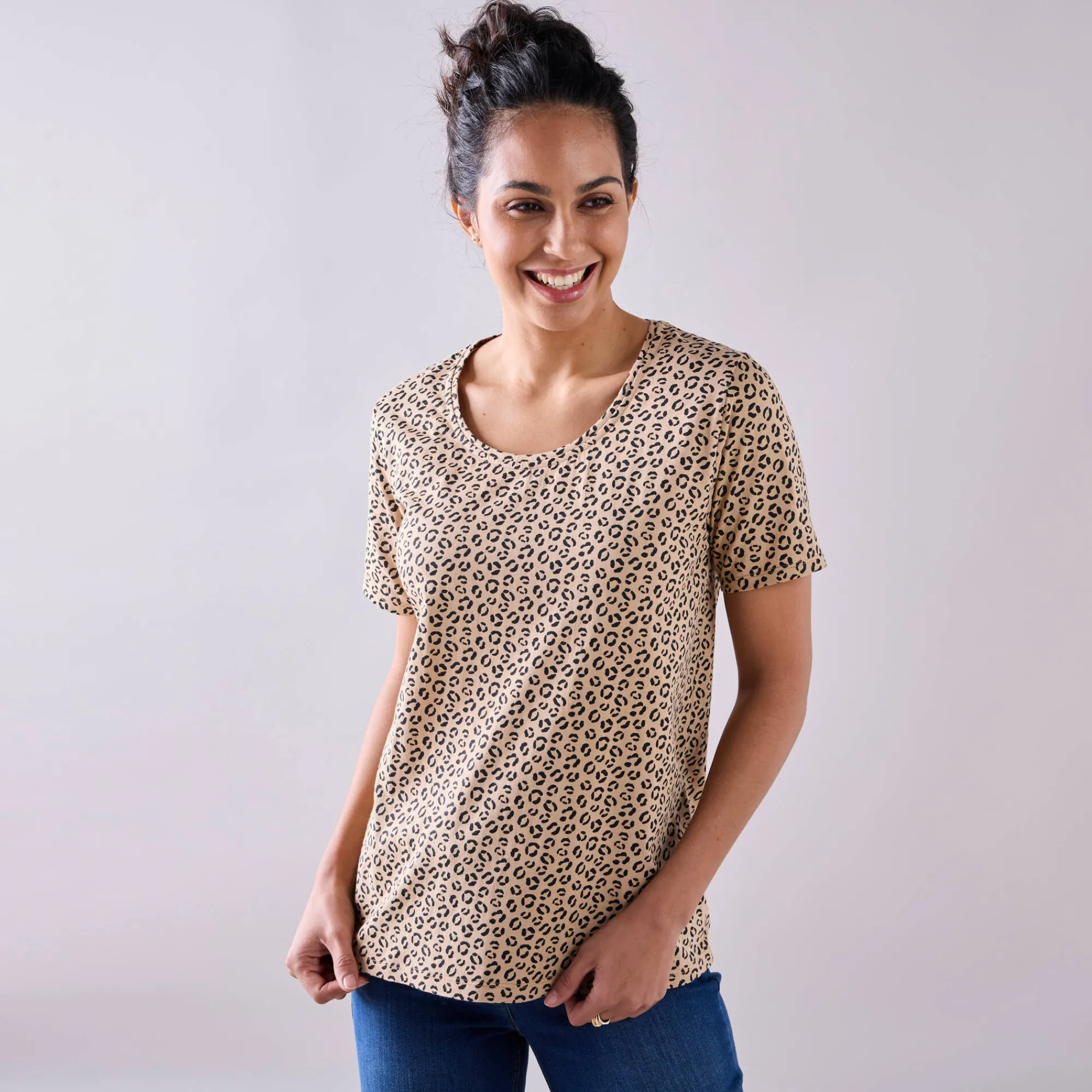 T-Shirt En Topje<Blancheporte Bedrukt T-shirt met ronde hals en korte mouwen beige / zwart