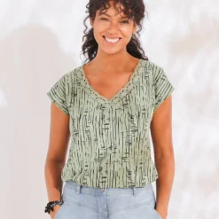 T-Shirt En Topje<Blancheporte Bedrukt T-shirt, V-hals in macramé en etnisch motief kaki / zwart