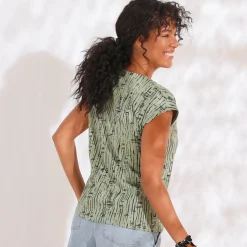 T-Shirt En Topje<Blancheporte Bedrukt T-shirt, V-hals in macramé en etnisch motief kaki / zwart