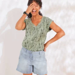 T-Shirt En Topje<Blancheporte Bedrukt T-shirt, V-hals in macramé en etnisch motief kaki / zwart