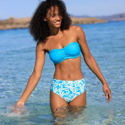 Badmode|Badmode<Blancheporte Bedrukte bikinislip met hoge taille Linao turkoois / ecru