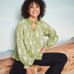 Bloes En Tuniek<Blancheporte Bedrukte bloes, details met smokwerk, bloezende mouwen groen / ecru