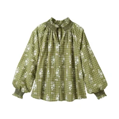 Bloes En Tuniek<Blancheporte Bedrukte bloes, details met smokwerk, bloezende mouwen groen / ecru