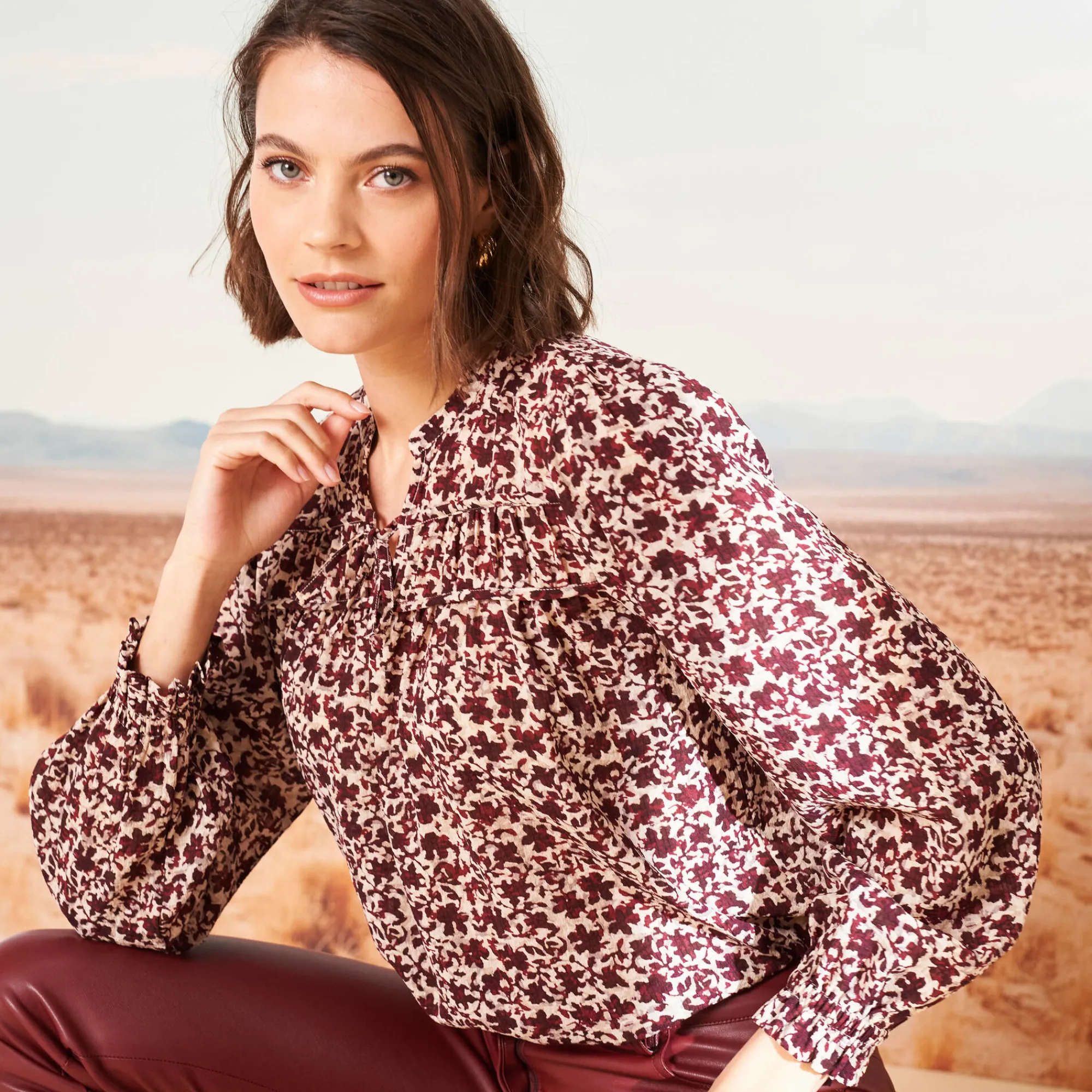 Bloes En Tuniek<Blancheporte Bedrukte bloes, details van striklintjes beige / bordeaux