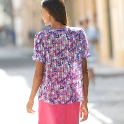 Bloes En Tuniek<Blancheporte Bedrukte bloes met knoopsluiting en bloezende mouwen, jacquardvoile iris