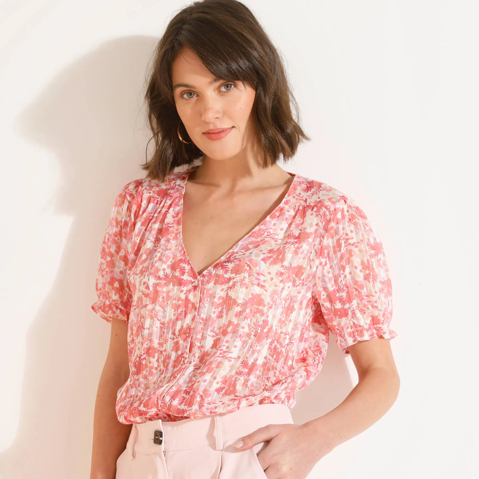 Jurk|Bloes En Tuniek<Blancheporte Bedrukte bloes met knoopsluiting en bloezende mouwen, jacquardvoile roze