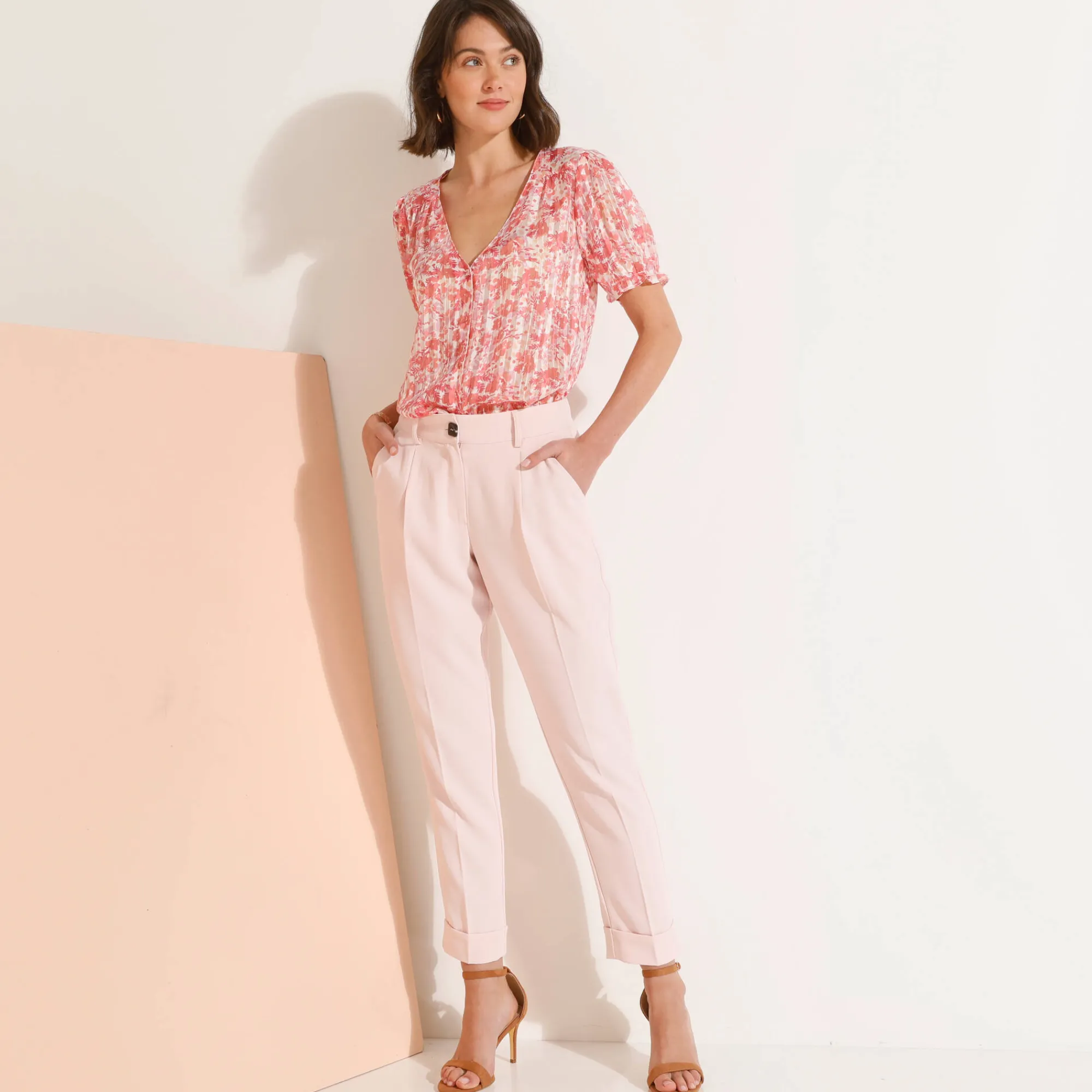 Jurk|Bloes En Tuniek<Blancheporte Bedrukte bloes met knoopsluiting en bloezende mouwen, jacquardvoile roze