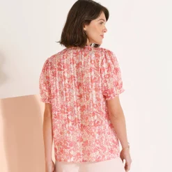 Jurk|Bloes En Tuniek<Blancheporte Bedrukte bloes met knoopsluiting en bloezende mouwen, jacquardvoile roze
