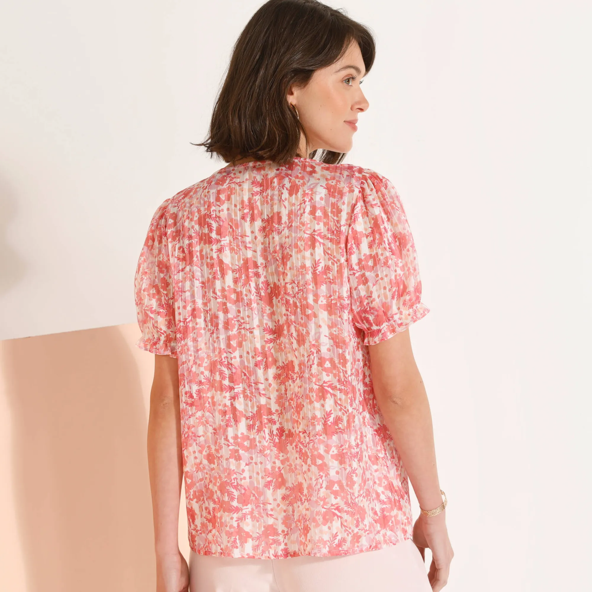 Jurk|Bloes En Tuniek<Blancheporte Bedrukte bloes met knoopsluiting en bloezende mouwen, jacquardvoile roze