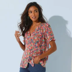 Bloes En Tuniek<Blancheporte Bedrukte bloes met knoopsluiting en bloezende mouwen, jacquardvoile perzik